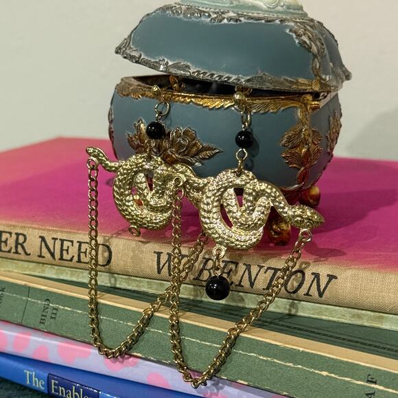 Gold Snake Statement Earrings Black Beads Asymmetrical Pair Gothic Y2K Jewelry - Picture 3 of 7